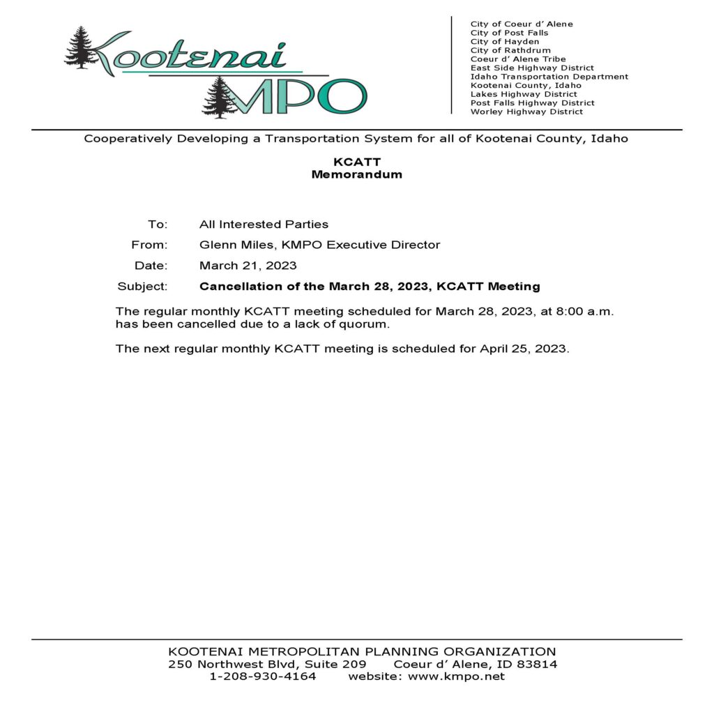 KCATT Meeting Cancelled